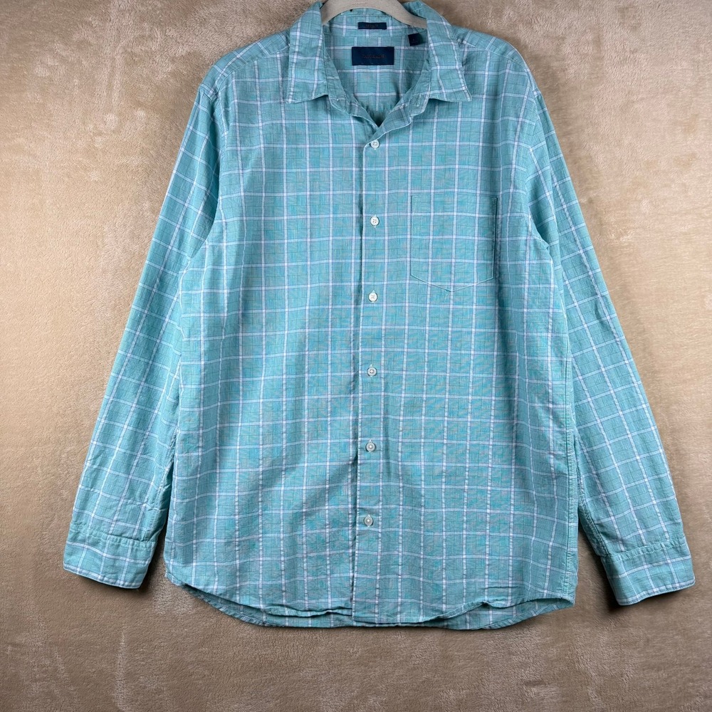 Fairlane Mens Linen Blend Regular‎ Fit Long Sleeve Plaid Button Down Aqua Size L